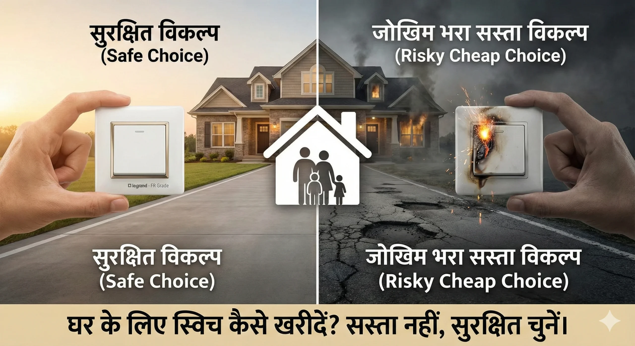Infographic comparing a safe, quality electrical switch versus a dangerous, sparking cheap switch. The left side shows a secure home with text "सुरक्षित विकल्प (Safe Choice)". The right side shows a house on fire due to a bad switch with text "जोखिम भरा सस्ता विकल्प (Risky Cheap Choice)". A central family icon bridges the two. The main Hindi text at the bottom reads, "घर के लिए स्विच कैसे खरीदें? सस्ता नहीं, सुरक्षित चुनें।".